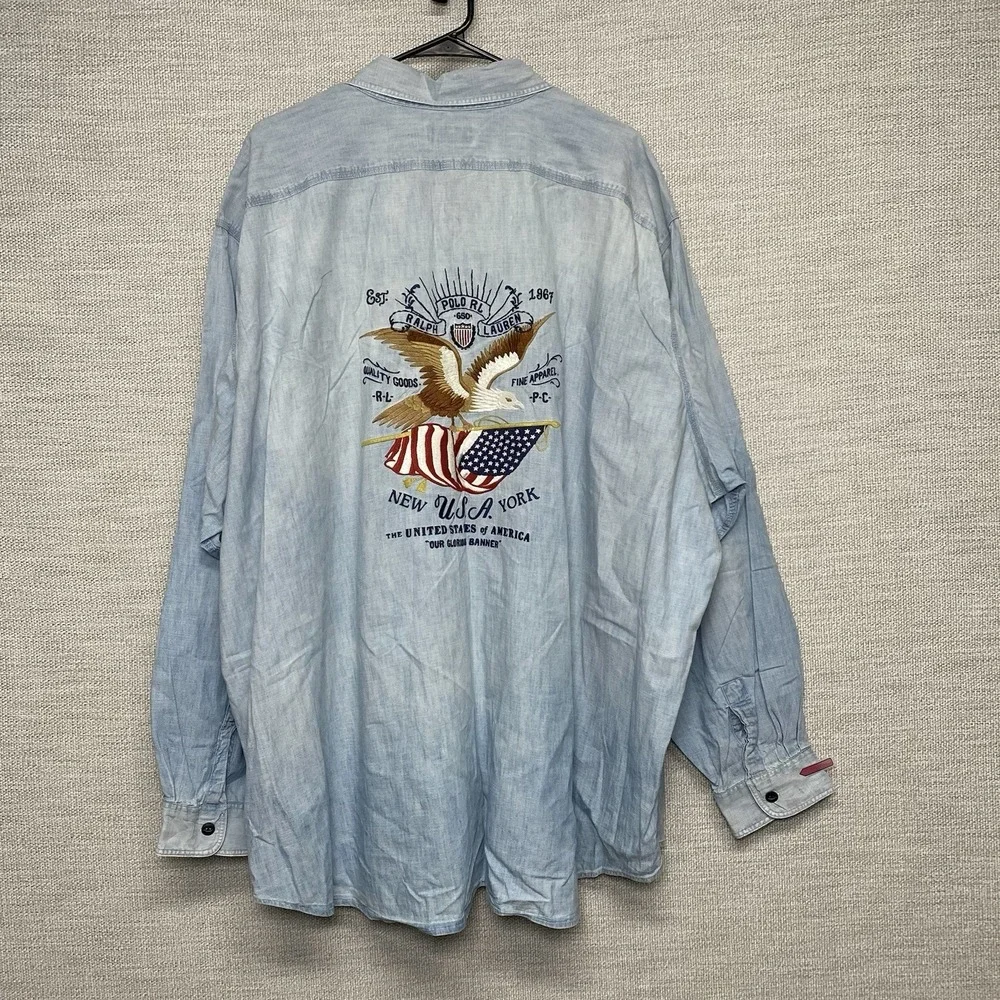 Polo Ralph Lauren Shirt 4XB Chambray Embroidered Eagle Flag USA Work Shirt